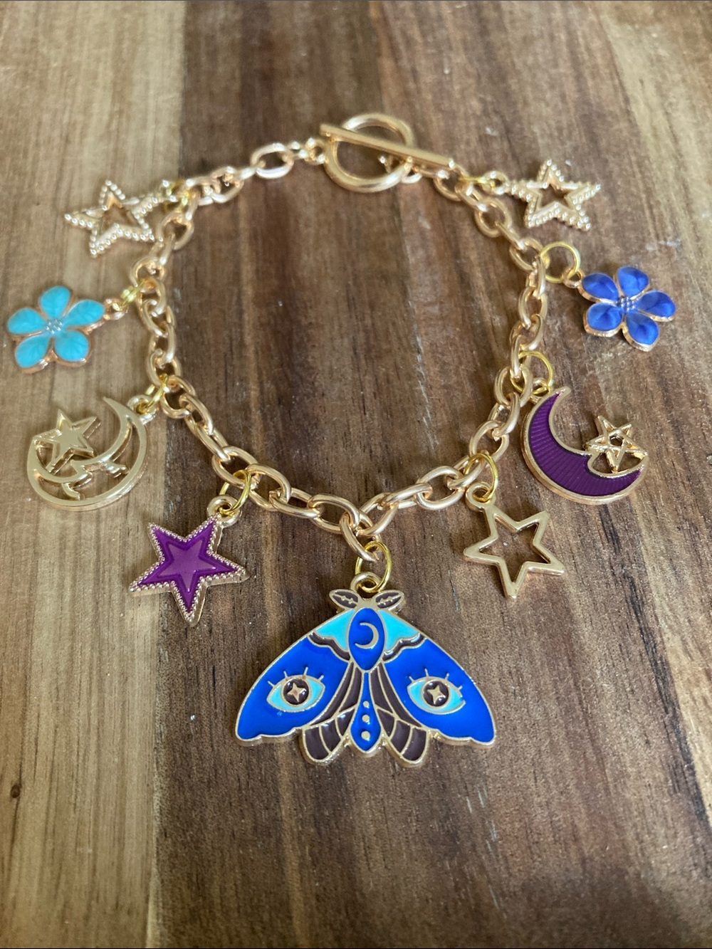 Handmade Celestial & Moth Charm Bracelet with Blue and Purple Enamel
